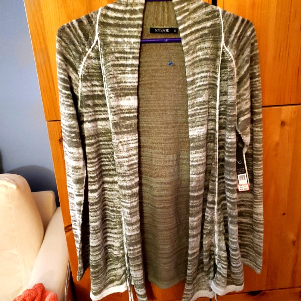 Nic & Zoe  NWT Women's Grey & White Striped Linen Blend Open Cardigan size XS